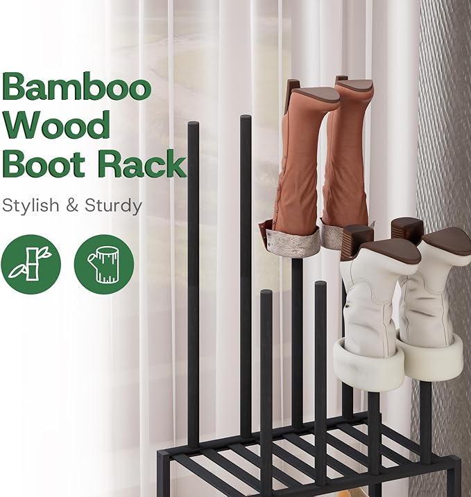 kiplant Small Boot Rack Organizer Tall Boots- 4 Pair Boot Rack Bamboo Wood Shoe Rack for Entryway & Closet, Holds Tall Boots