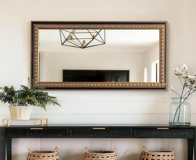 Vintage Wall Mirror for Living Room, 48" L x 24" W Large Gold Mirror for Wall with Carved Wood Frame, Rectangular Baroque Mirrors for Bathroom Entrance Hallyway, Horizontal/Vertical Hanging