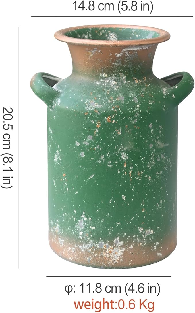 Rustic Vintage Metal Flower Vase for Decor Milk Jug Small Vases for Flowers Kitchen Decorations, Cylindrical,Perfect for Kitchen, Dining Room, Living Room,Housewarming Gift (DarkGreen)
