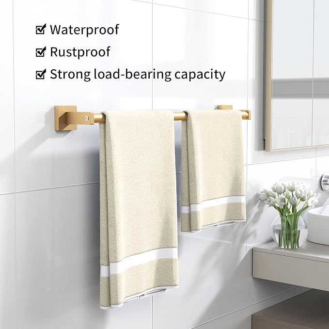 MKO Towel Bar for Bathroom, 24" Towel Racks for Bathroom Hanger Wall Mounted, Hand Towel Holder Rod with Metal for Kitchen Home, Gold 2 Pack