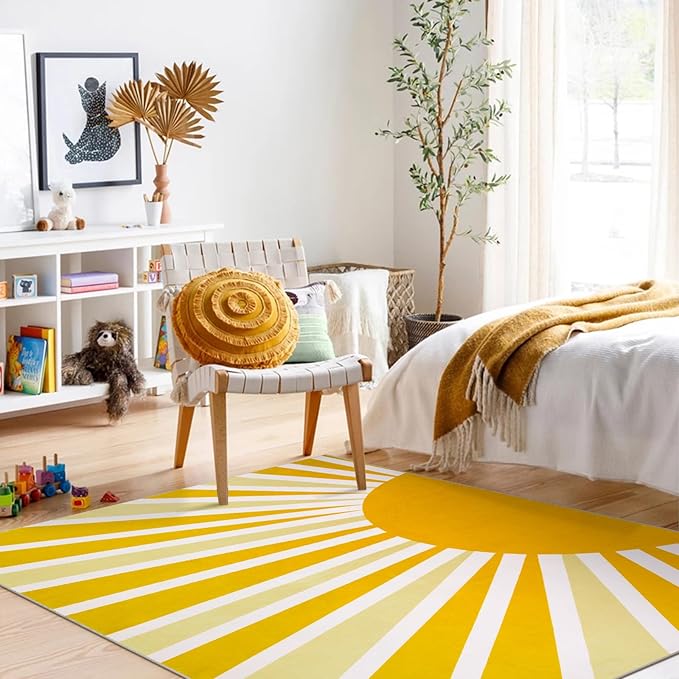 Lahome Yellow Rainbow Sun Area Rug: 5'x7' Ultra-Thin Machine Washable & Non-Slip with Cute Boho Print for Nursery, Bedroom, Living Room, Classroom & Dorm
