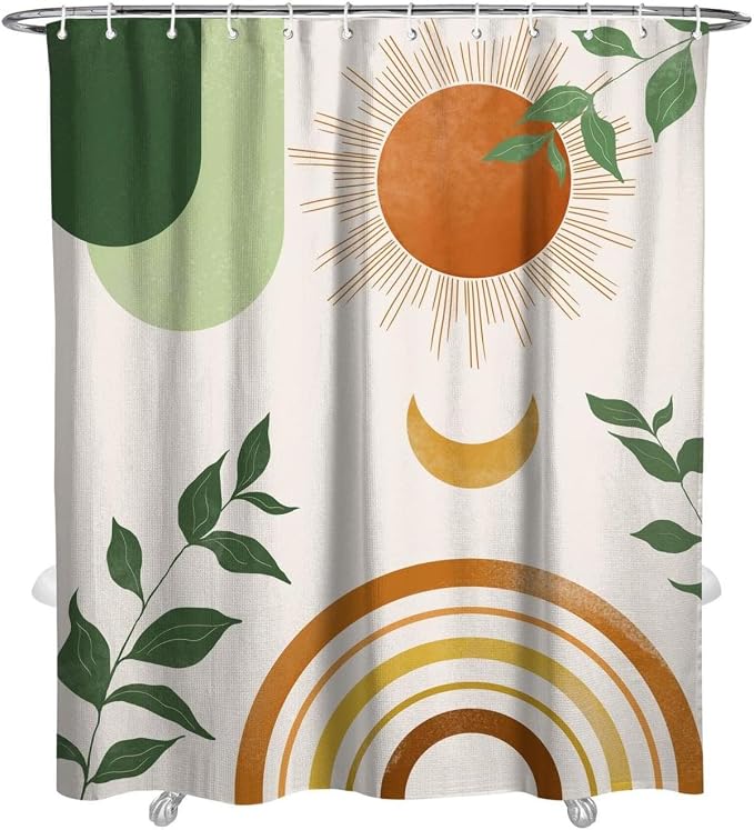 Mid Century Abstract Boho Aesthetic Shower Curtain Set, Green Nature Leaf Sun Modern Minimalist Home Bathroom Curtain Decor with 12 Hooks 72 Inch Wide * 84 Inch High
