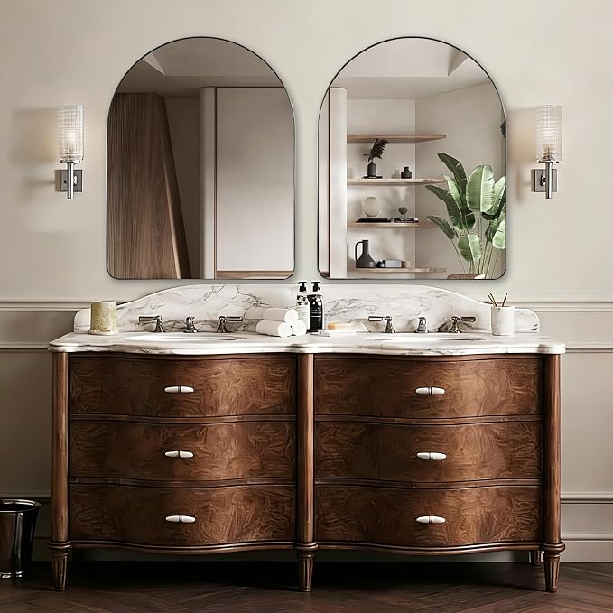 ANDY STAR Arched Mirror, 28 x 36 Inch Brushed Nickel Wall Mirror in Stainless Steel Metal Frame, Arch Top Rounded Corner 1 Inch Deep Set Design Wall Mount Hangs Vertical
