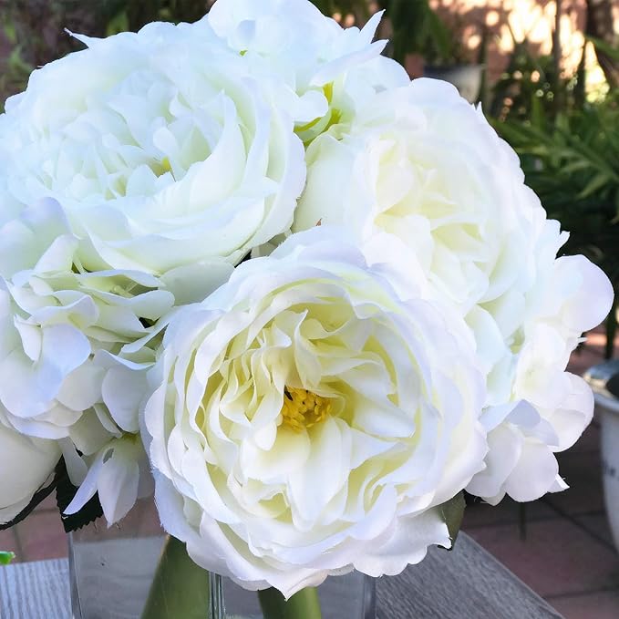 ENOVA HOME Peony and Hydrangea Mixed Artificial Flower Arrangement with Clear Glass Vase for Home Wedding Decoration (Cream)