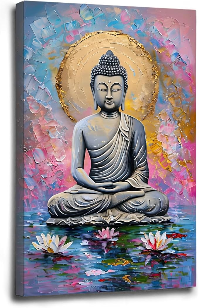 Lotus and golden Buddha meditation tranquil zen wall art mindfulness wall art for spiritual harmony and tranquility decor 12x18in Wood Framed