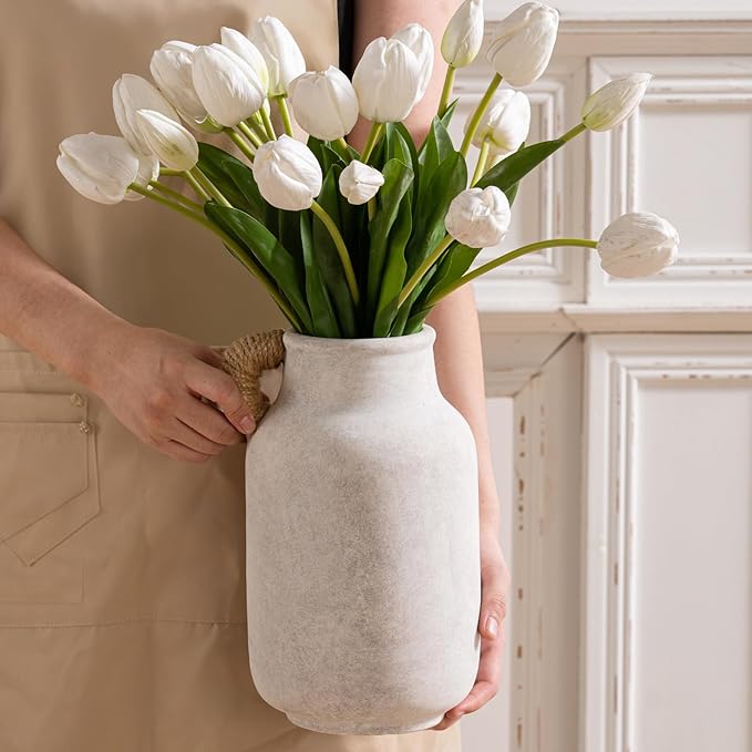 Ceramic Flower Vase Home Decor - 10.6 inch Tall Large White Rustic Table Flowers Vases with Handle Living Room Bedroom Plant Decoration Farmhouse Vintage for Kitchen Shelf Office Coffee Dining Desk
