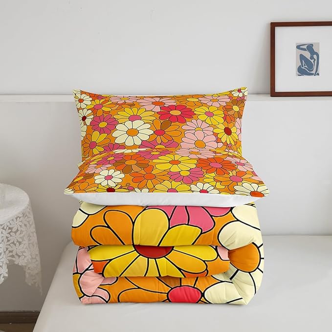 Castle Fairy Bohemian Flowers Bedding Comforters King Size,70s Floral Comforter Set for Children Xmas Gift,Hippie Retro Groovy Botanical Quilt Set Bedroom Decor, 2 Pillowcases