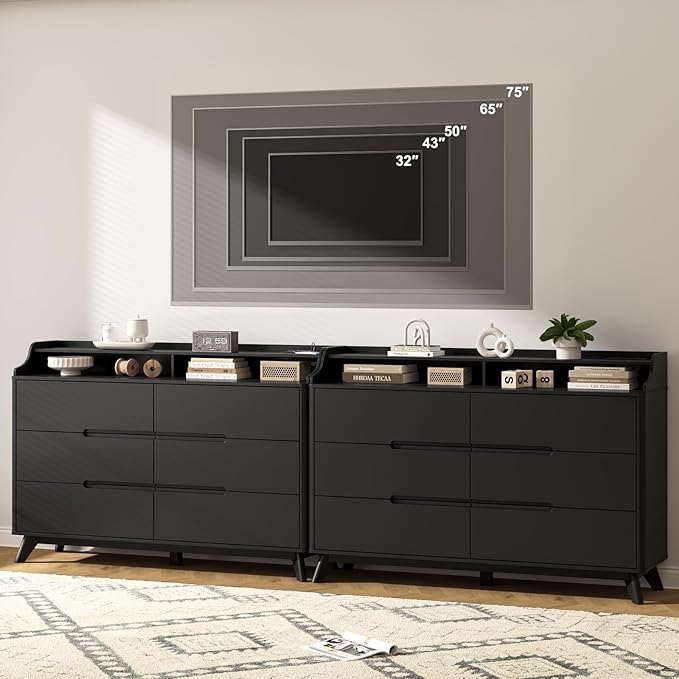 Dresser for Bedroom with 6 Drawers, 55" Large Dresser & Chest of Drawers with Charging Station, Wood Closet Clothes Storage Long Dressers Organizer for Bedroom Living Room Hallway, Black