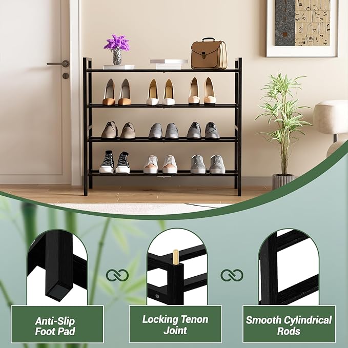 Haddockway Bamboo Shoe Rack for Closet, Free Standing Shoe Organizer with Smooth Round Rods & Convenient Handles, Stackable Shoe Storage Shelf for Entryway, Hallway(Black, 4-Tier)