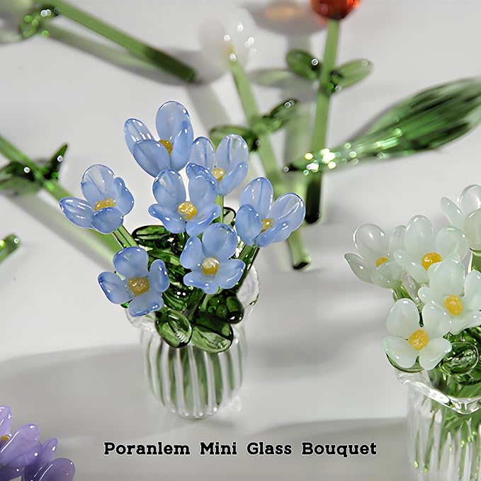 Mini Glass Flower Bouquet with Vase Colorful Artificial Wildflowers Sculpture Spring Floral Arrangement Figurine Artwork Table Centerpiece Home Decor Gift for Mom and Friends