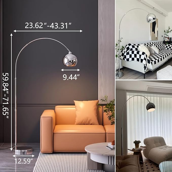 MIXL-Chrome Arc Floor Lamp,Arc Floor Lamps for Living Room,Adjustable Reading Standing Light,Modern Arch Standing Lamp for Bedroom Study Room