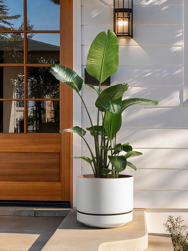 LE TAUCI 14 Inch Large Plant Pot with Saucer, Ceramic Outdoor & Indoor Big Planter with Drainage Hole, Mesh Pad & Plug Included, Matte Glazed Outside, Modern for Home and Patio, Alpine White & Ochre