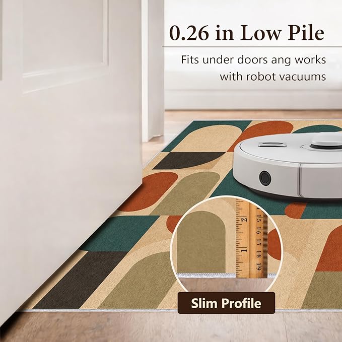 Teal Rust Area Rug 5x6, Mid Century Modern Mosaic Geometric Rug, Retro Abstract Color Block Washable Low Pile Non Slip Rug for Living Room Bedroom