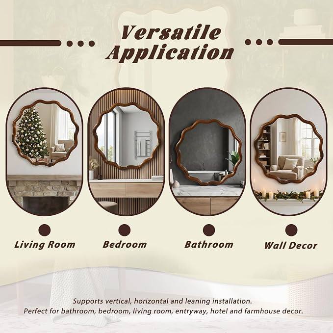 Elountik 36 Inch Wavy Round Solid Wood Frame Mirror with Black Walnut Finish, Decorative Wall Mirror for Living Room, Bathroom, Bedroom or Entryway