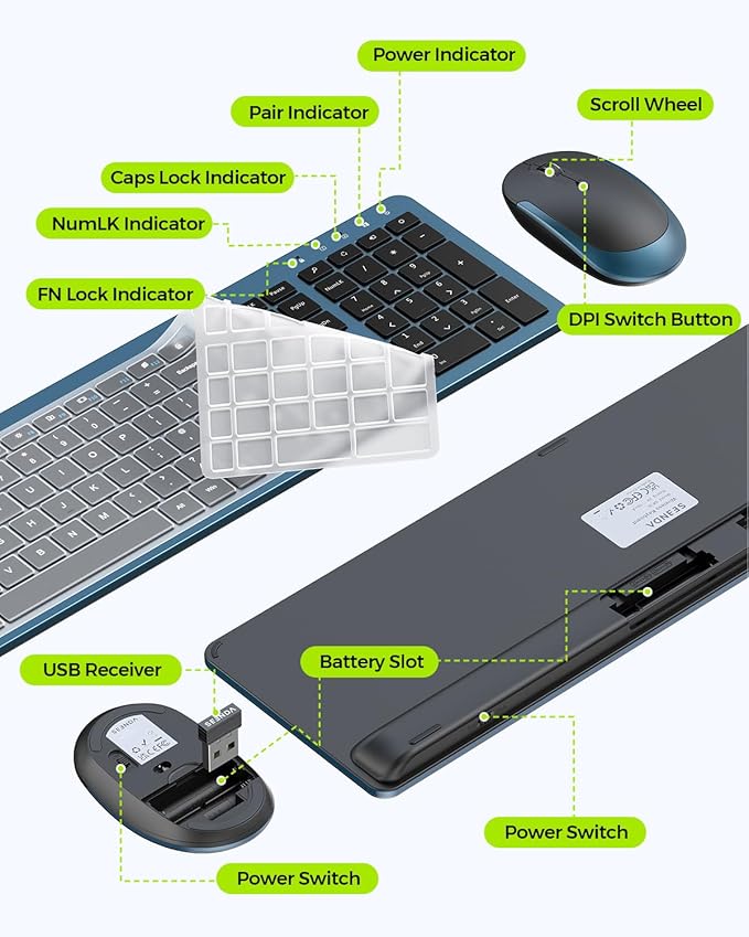 Wireless Keyboard and Mouse Combo - Full Size Slim Thin Wireless Keyboard Mouse with Numeric Keypad 2.4G Stable Connection Adjustable DPI, Black&Blue