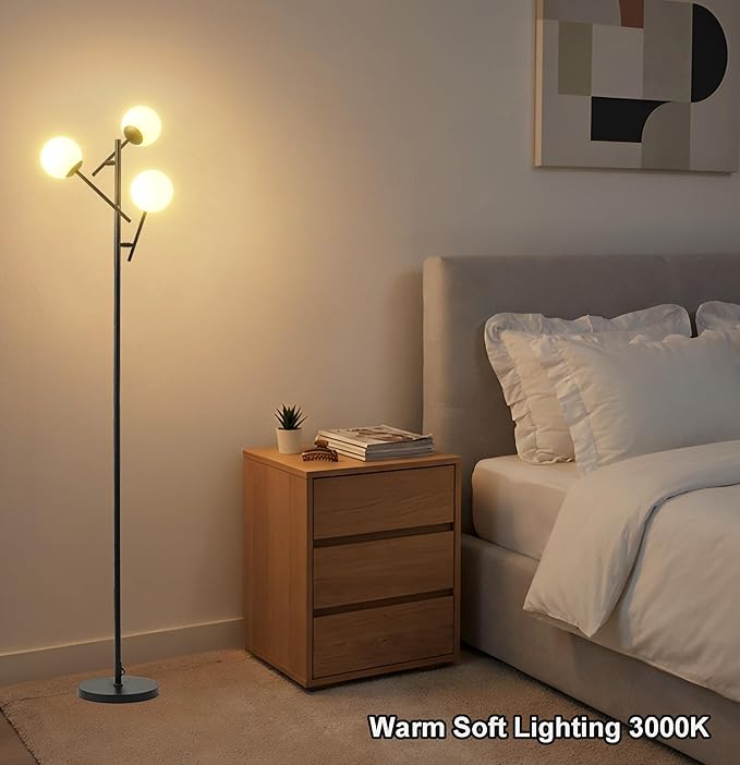Fiqevs Mid Century Modern Floor Lamp -3 Adjustable Globe Lamps, Including LED Bulbs, Black Standing Light for Living Rooms bedrooms