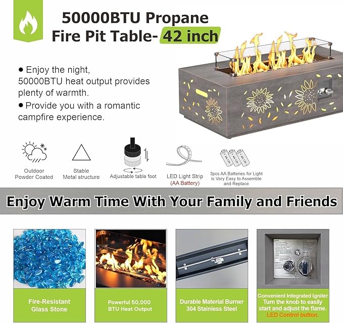2-Piece 42" LED Rectangular Propane Fire Pit for Outside Patio with Hidden Tank Table, 50,000 BTU Fireplaces with Glass Wind Guard, Lid, Glass Rocks, Cover(Sunflower w/Warm Light)