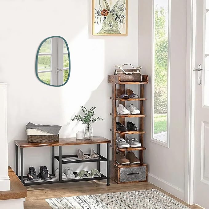 Small Blue Wall Mirror Asymmetrical Irregular Wood Frame Mirror Unique Modern Wall-Mounted Artistic Oval Shape Mirror Decor for Bedroom Living Room Bathroom Entryway Hallway Vanity