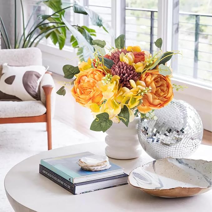 ASTRYAS 2 PCS Fall Peonies Artificial Flowers Bouquet, Yellow Fake Roses Silk Mums Fall Floral Arrangements for Autumn Home Decor Indoor Table Centerpieces Decoration