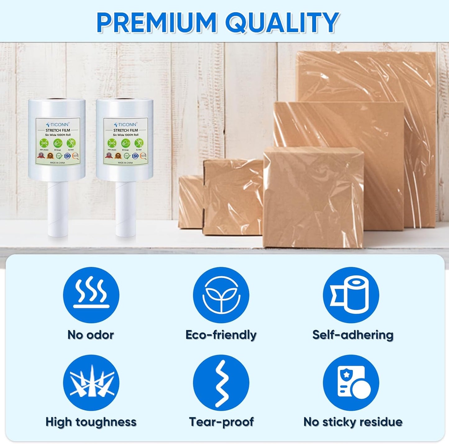TICONN Stretch Wrap Film Roll - 1000ft Industrial Strength Clear Plastic Wrap with Handles | 5 Inch Wide