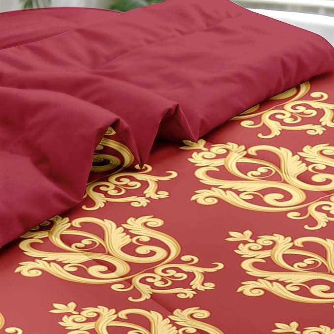 Comforter Set King Size, Vintage Floral Gold 7 Pcs Bedding for Kids and Adults, Medieval Burgundy Red Bed Sheet Sets with Fitted Sheet 2 Pillowcase & 2 Sham for Bedroom Bed Decor