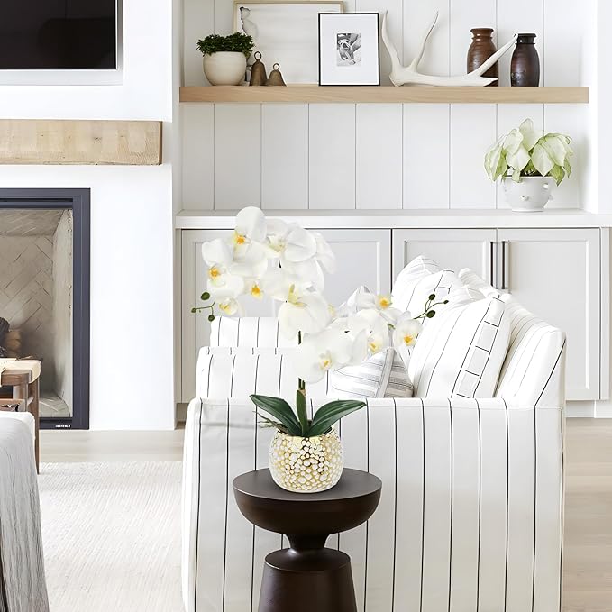 Briful Orchid Artificial Flowers 17.7in White Orchid Silk Flower with Gold Pot Faux Orchid Arrangement for Home Office Bathroom Kitchen Shelf Table Centerpiece Decoration