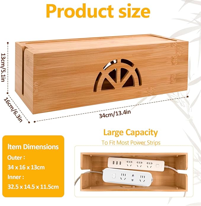 Bamboo Cable Management Box,Extra Large Cord Organizer Box,Power Strips Hider,Plug Strip Cord Box,Outlet Holder,Cords Concealer,Wires Covers,Desk & Floor Tidy Solution (Straight lid)