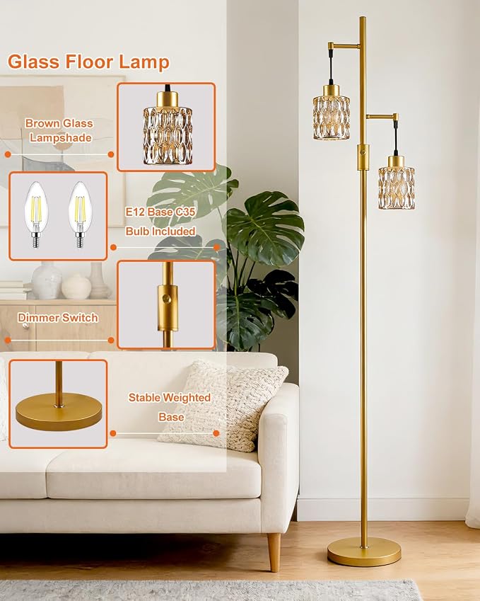 Lightdot 65IN Industrial Gold Floor Lamp for Living Room, 2- Light Amber Glass Floor Lamps with Warm White Bulbs, Modern Farmhouse Tree Standing Tall Lamp with 5Lbs Heavy Base for Bedroom Home Office