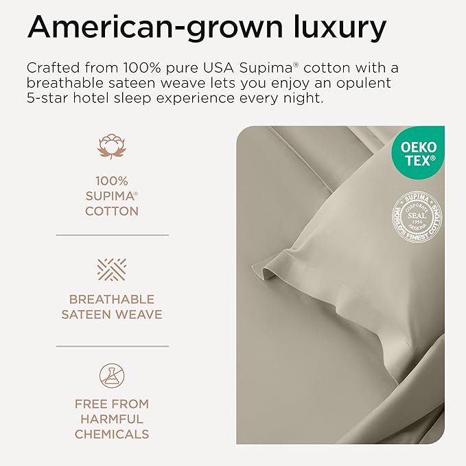 Threadmill Supima Cotton Queen Sheet Set, 1200 Thread Count Queen Sheets for Queen Mattresses, 4 Piece American Luxury Bed Sheets, Sateen Hotel Quality Sheets with Elasticized Deep Pocket, Taupe