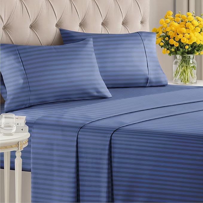 Striped Sheets - Blue Striped Sheets - 1 Flat & 1 Fitted & 2 Pillowcases w/ Deep Pockets – Comfy, Wrinkle & Fade Free - Ultra-Soft, Breathable & Cooling – Luxury Pinstripe Bedding - Full Size Bed Set
