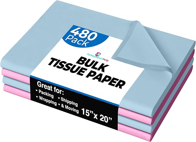 Party Solids Pink & Blue Tissue Paper for Gift Bags - 15" X 20" Bulk Tissue Paper Pink & Blue 480 Sheets - 10lb Newsprint for Packing, Birthday Gift Box Filler, Packing Supplies for Moving Supplies