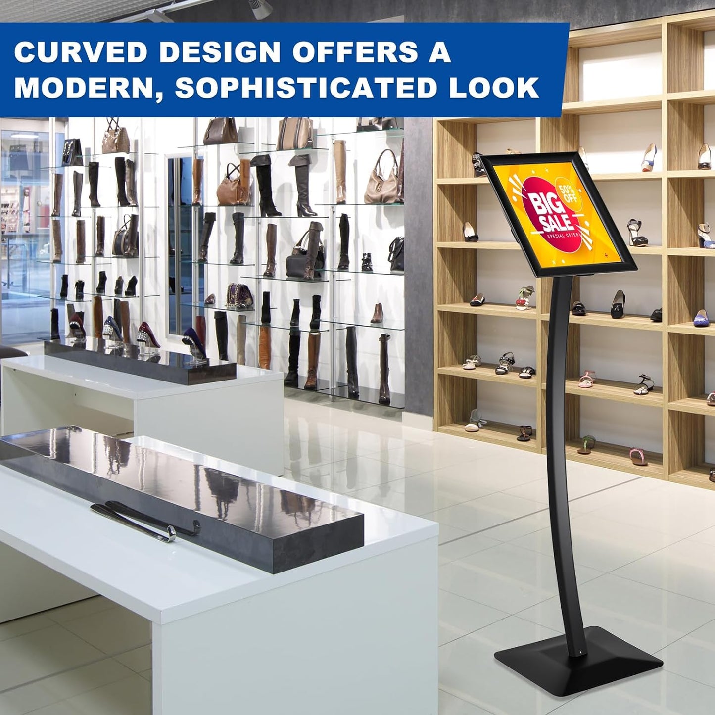 Yaocom Curved Menu Board - Heavy Duty Floor Stand Sign Holder | 8.5 x 11 Inches, Black Aluminum Alloy