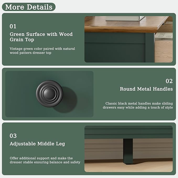 Green Dresser for Bedroom, 8 Drawer Dresser with Metal Handles, 55" Wide Modern Dressers & Chest of Drawers for Living Room, Hallway, Entryway