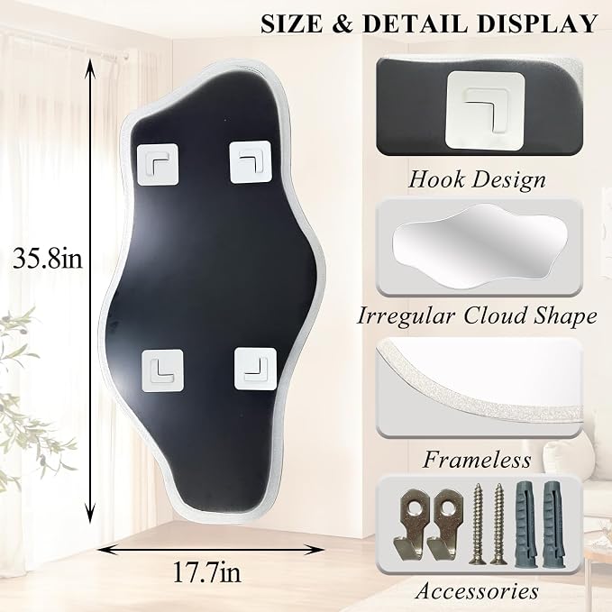 Irregular Frameless Mirror, 35.8"x17.7" Silver Asymmetrical Tempered Glass Mirror, Organic Shaped Wall Mirrors for Entryway Bedroom Living Room Bathroom, Horizontal or Vertical Hanging