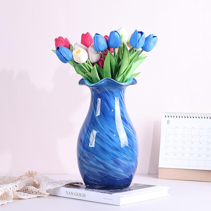 10.6in Hand Blown Blue Glass Vase – Wide Mouth Murano Bubble Art Glass Vase, Cobalt Blue Flower Vase for Coastal, Vintage, Colorful Home Decor, Vase Gift for Mom or Display (Blue)