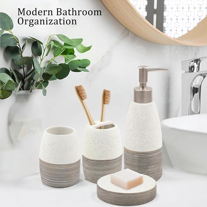 CERBIOR Bathroom Accessories Set,4 Pcs Ceramic Bathroom Decor Accessory,Includes Toothbrush Holder, Toothbrush Cup, Soap Dish for Decorative Countertop and Housewarming Gift, (Grey White)