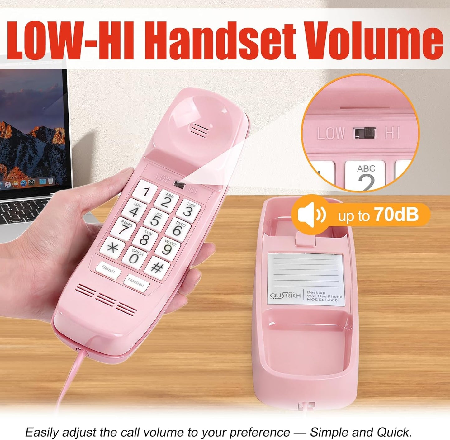 Uvital Corded Landline Phone - Wall-Mount Design with Loud Ringer | Emergency Use, Pink