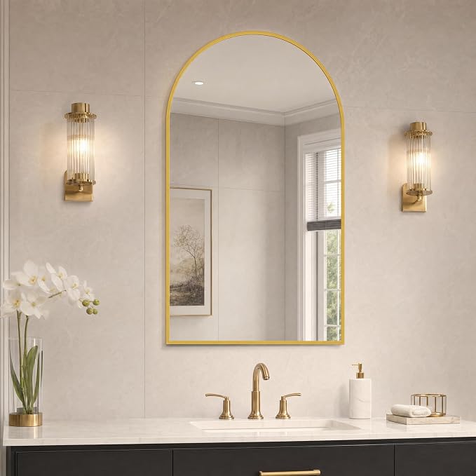 BEAUTYPEAK 22"x30" Arch Bathroom Mirror, Wall Mounted Vanity Metal Frame Mirror for Bedroom, Entryway, Living Room, Gold