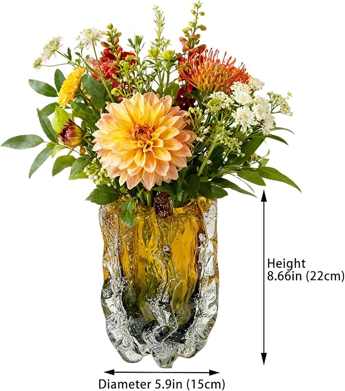 Blown Glass Bubble with Ruffled Edge Vase, Art Glass for Home Decor, Tall Vases for Centerpieces & Flowers, Crystal-Like for Bouquets & Pampas Grass, Vases Amber, Flower Bouquet Display (Yellow, S)