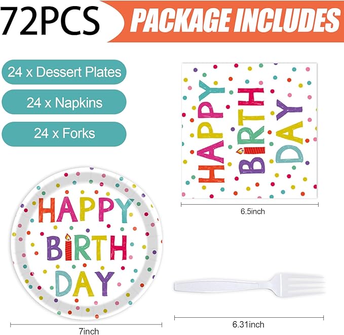 72 Pcs Birthday Plates and Napkins Party Supplies,Happy Birthday Party Plates Napkins Dots Design Tableware Set Decorations for Serves 24 (White)