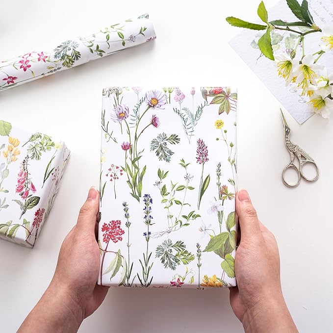 RUSPEPA Floral Wrapping Paper Roll for Women Girls, Mini Roll, Elegant Wild Flower Design Gift Wrap Paper Perfect for Birthdays, Bridal Shower, Spring, Wedding, Mother's Day, 17 Inch x 9.8 Feet