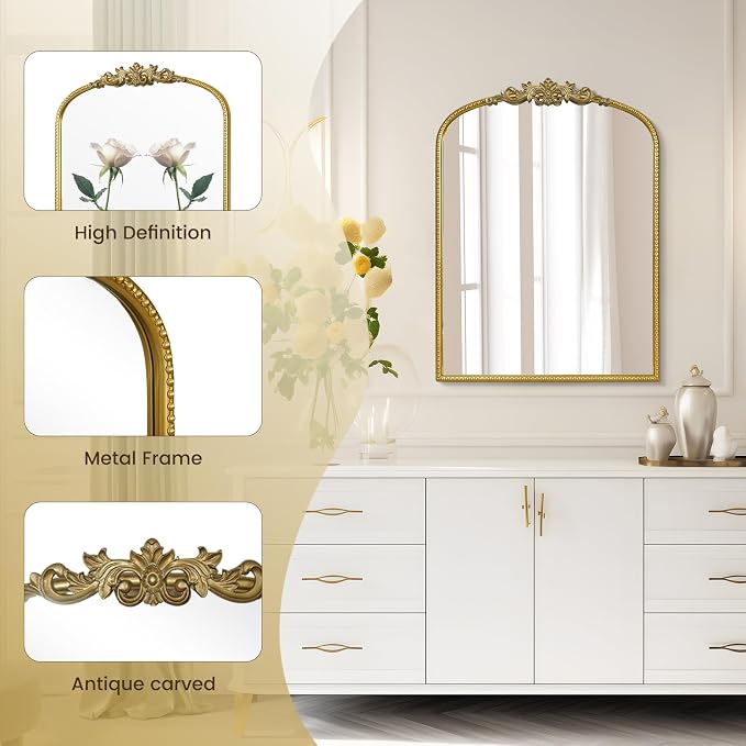 WallBeyond Gold Vintage Mirror for Vanity 22x30 Inch, Gold Antique Mirror with Ornate Frame, Arched Vintage Wall for Bathroom, Living Room, Fireplace, Entryway