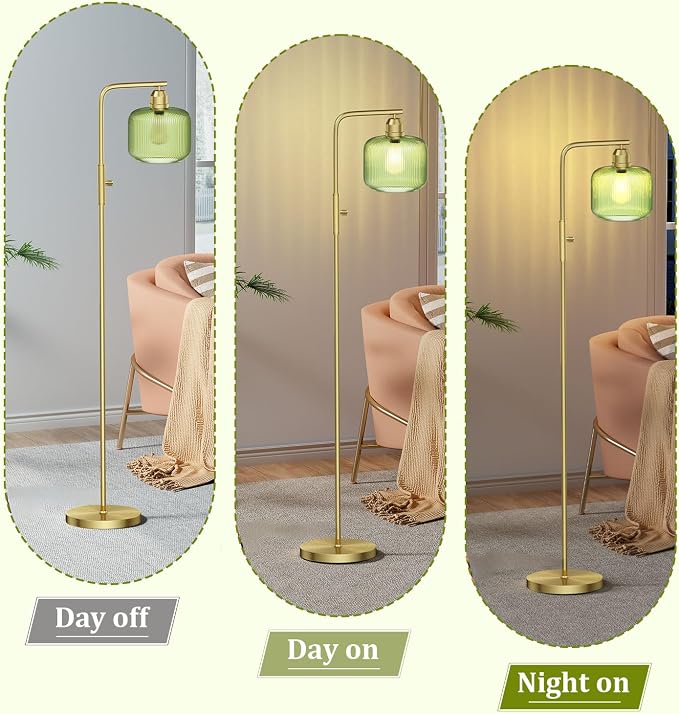 Glass Floor Lamp for Living Room, Modern Standing Lamp with Green Ribbed Glass Lampshade&Brushed Gold, Stepless Dimmable Rotary Switch, 66” Tall Lamp & Gold Floor Lamp for Bedroom Study Room