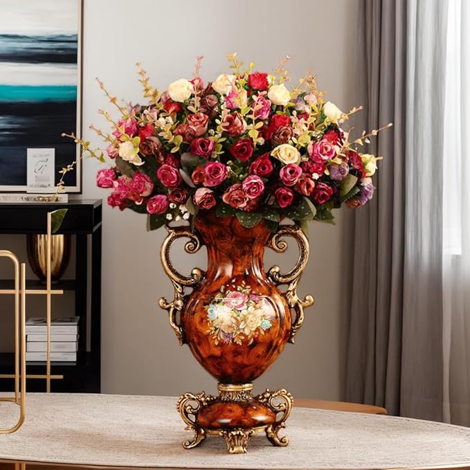 European Golden Resin Vintage Vase Set with Artificial Flowers, Retro Fake Floral Arrangement for Wedding Party Home Table Decor Centerpiece