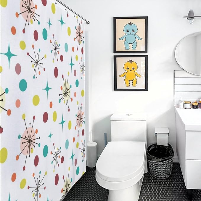 Mid Century Shower Curtain, Geometric Atomic Abstract Iconic Pattern 1950s 1960s Vintage Retro Style Art Pastel Waterproof Fabric Bathroom Shower Curtain Set with Hooks, 72"x72" Inch