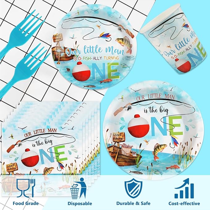 120 PCS Ofishally One Birthday Party Decorations, Ofishally One Paper Plates, Napkins Cups and Forks Tableware Set, Fishing Party Decor Supplies for 1st Fish Birthday Christmas Parties, Serves 24
