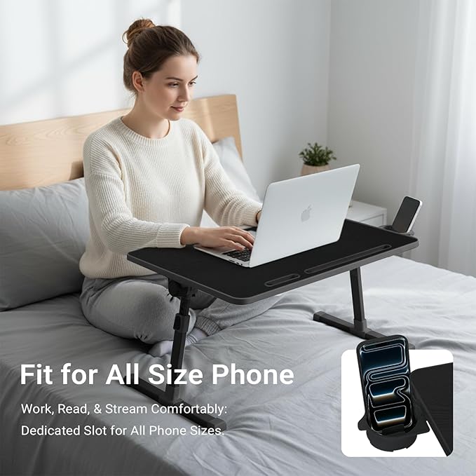 iXTRA Laptop Lap Desk with Cooling Fan - Adjustable Bed Desk with Light, Bed Table with Cup Holder&Phone Holder - Storage Drawer Desk - Folding Bed Desk,Black,70x45cm