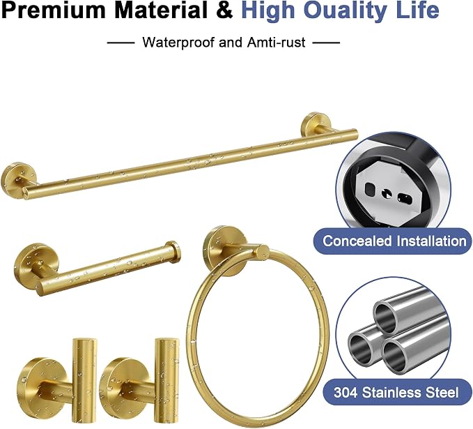 Brushed Gold Bathroom Hardware Set, 24 Inch SUS304 Stainless Steel Bath Towel Bar Set, Bathroom Accessories Set, Towel Rack, Towel Ring, Toilet Paper Holder, Robe Towel Hooks, 5-Pieces