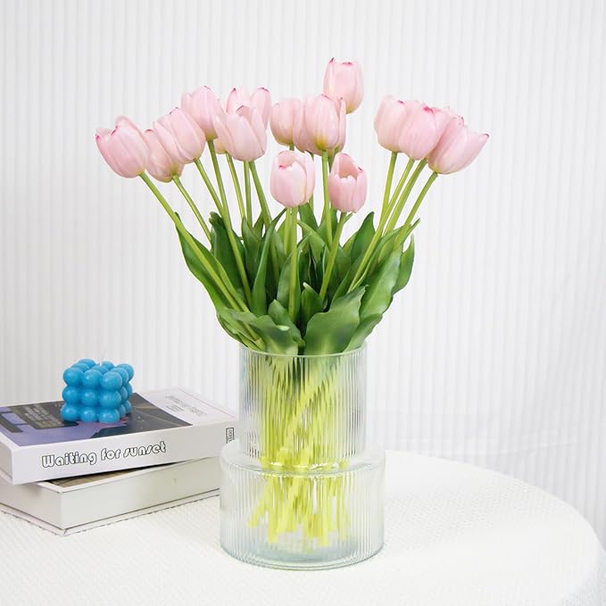 20 Artificial Tulips in Fluted Glass Vase, Waterproof Faux Flowers Bouquet for Wedding Home Office Decor, Table Centerpiece, Housewarming Birthday Gift Set (Pink)
