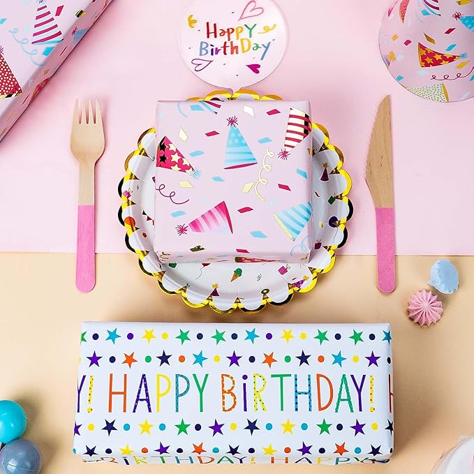 Burymento Birthday Hat Wrapping Paper, Reversible Happy Birthday Design Gift Wrap for Baby Shower, Valentines, Mothers day, Graduation, Wedding, Fathers day, Christmas (17 Inch X 32.8 Feet)